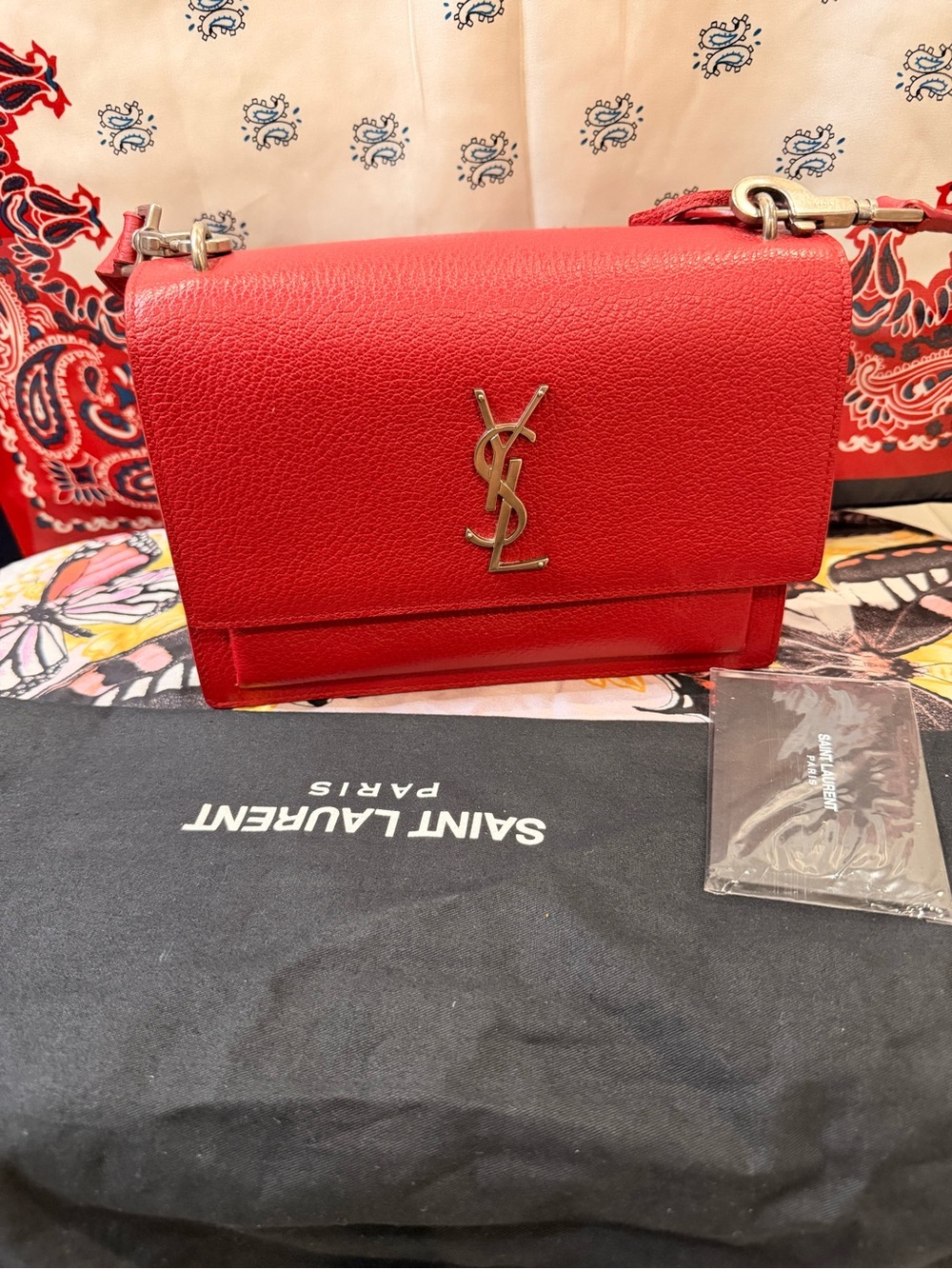 Saint Laurent Red Leather Crossbody with Gold YSL Logo